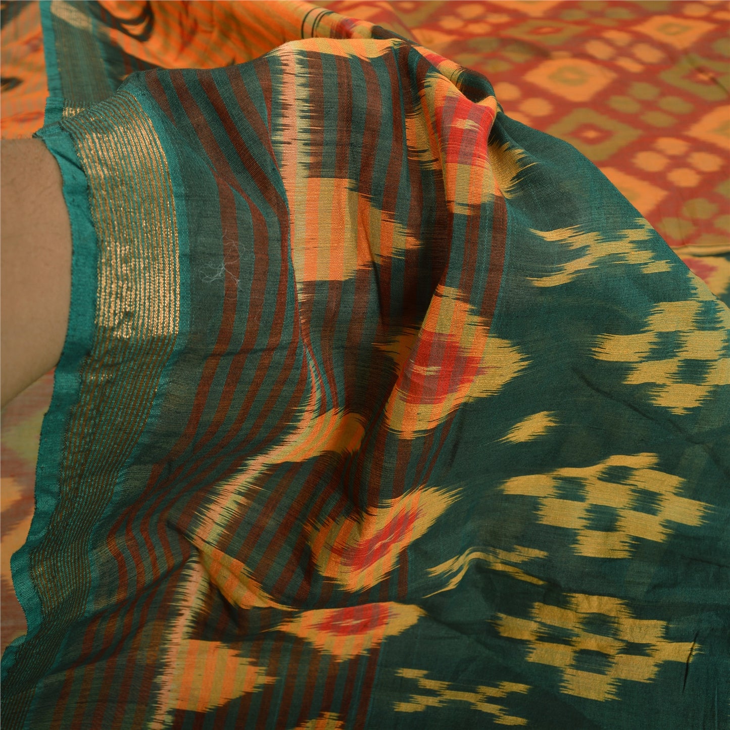 Sanskriti Vintage Saree Red Sambhalpuri Hand Woven Ikat Blend Silk Sari Sustainable Fabric