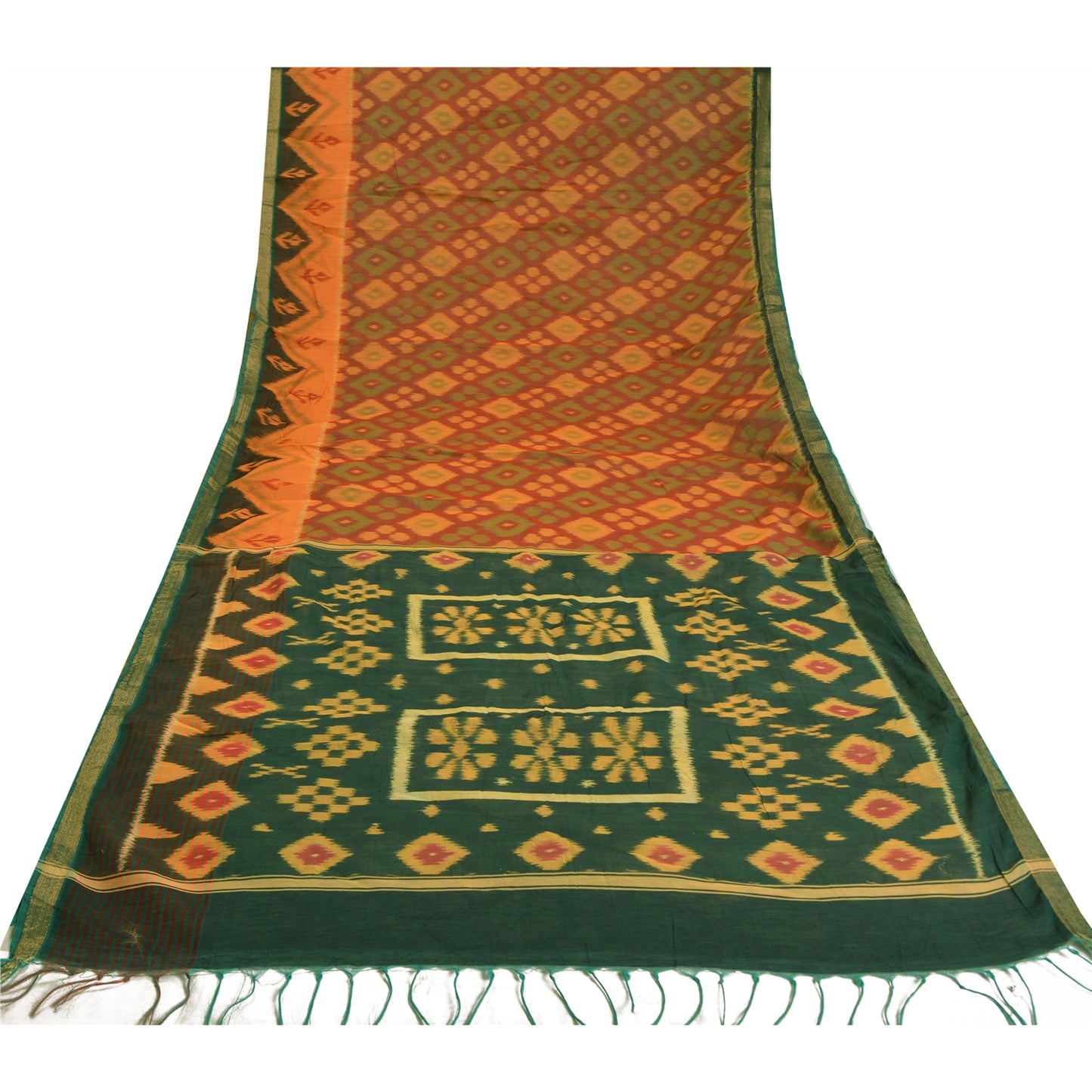 Sanskriti Vintage Saree Red Sambhalpuri Hand Woven Ikat Blend Silk Sari Sustainable Fabric
