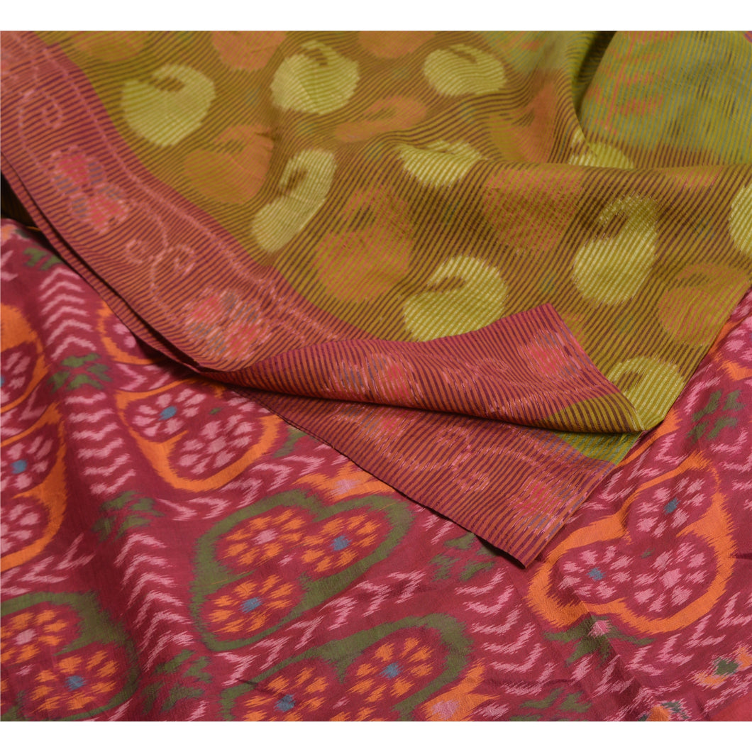 Sanskriti Vintage Saree Indian Green/Purple HandWoven Ikat Pure Silk Sari Fabric
