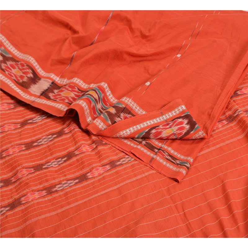 Sanskriti Vintage Saree 100% Pure Cotton Orange Saree Pochampally Hand Woven Ikat 5+Yard Craft Fabric Ideal for Bag Making, or Quilts”