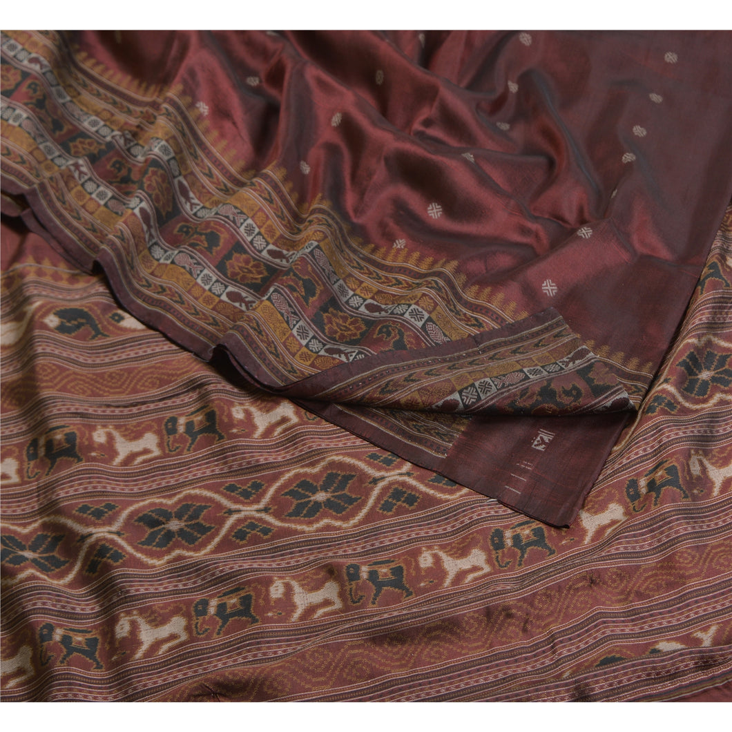 Sanskriti Vintage Sarees Wine Animal Hand Woven Pure Silk Sari 5yd Craft Fabric