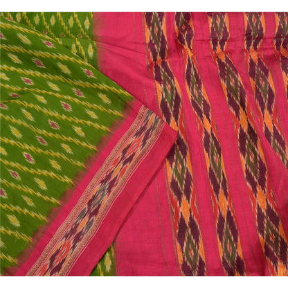 Sanskriti Vintage Sarees Green Pochampally Hand Woven Ikat Pure Silk Sari Sustainable Fabric