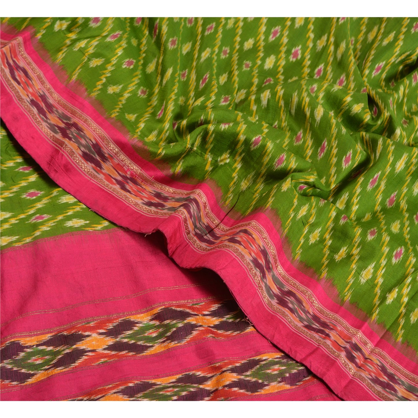 Sanskriti Vintage Sarees Green Pochampally Hand Woven Ikat Pure Silk Sari Sustainable Fabric