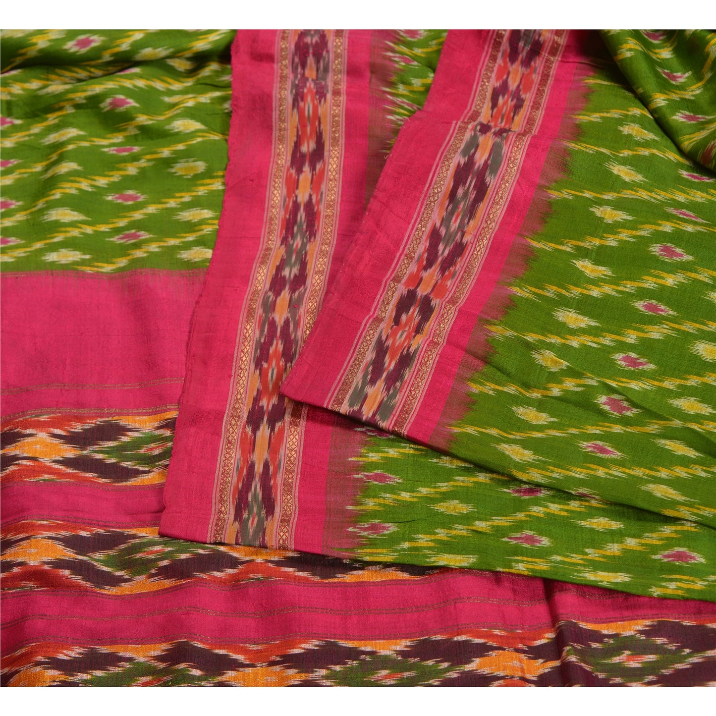 Sanskriti Vintage Sarees Green Pochampally Hand Woven Ikat Pure Silk Sari Sustainable Fabric