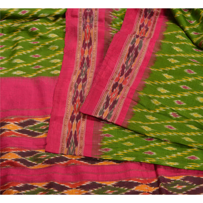 Sanskriti Vintage Sarees Green Pochampally Hand Woven Ikat Pure Silk Sari Sustainable Fabric