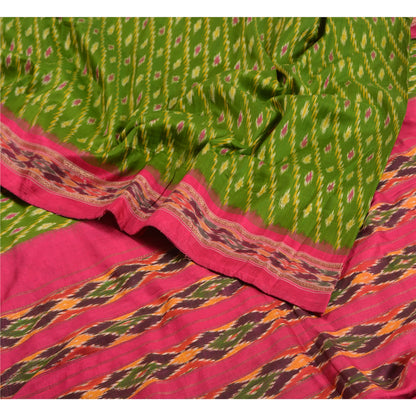 Sanskriti Vintage Sarees Green Pochampally Hand Woven Ikat Pure Silk Sari Sustainable Fabric