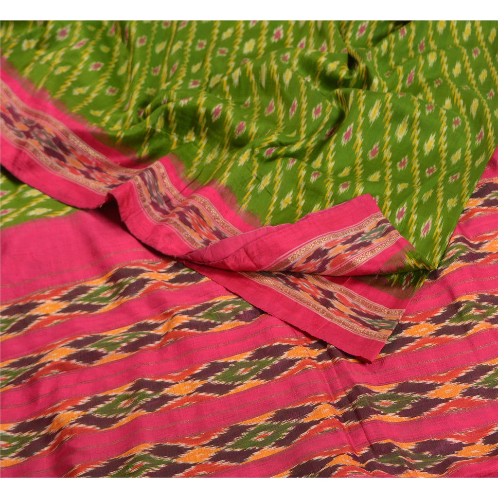 Sanskriti Vintage Sarees Green Pochampally Hand Woven Ikat Pure Silk Sari Sustainable Fabric