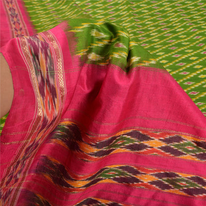 Sanskriti Vintage Sarees Green Pochampally Hand Woven Ikat Pure Silk Sari Sustainable Fabric