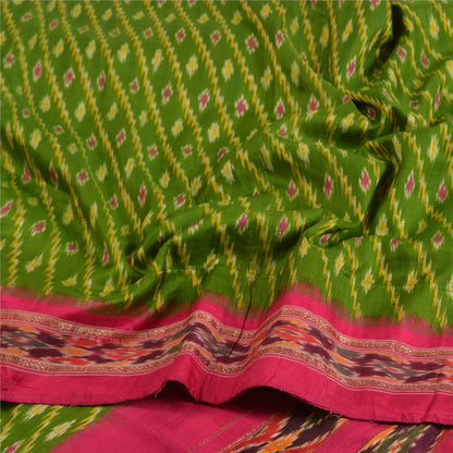 Sanskriti Vintage Sarees Green Pochampally Hand Woven Ikat Pure Silk Sari Sustainable Fabric