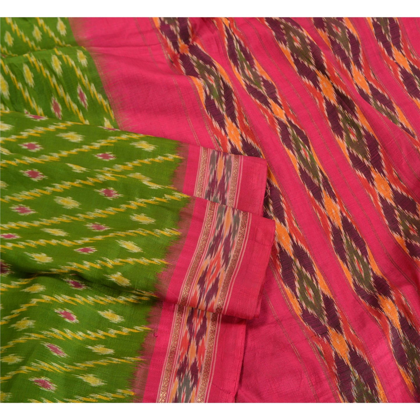 Sanskriti Vintage Sarees Green Pochampally Hand Woven Ikat Pure Silk Sari Sustainable Fabric