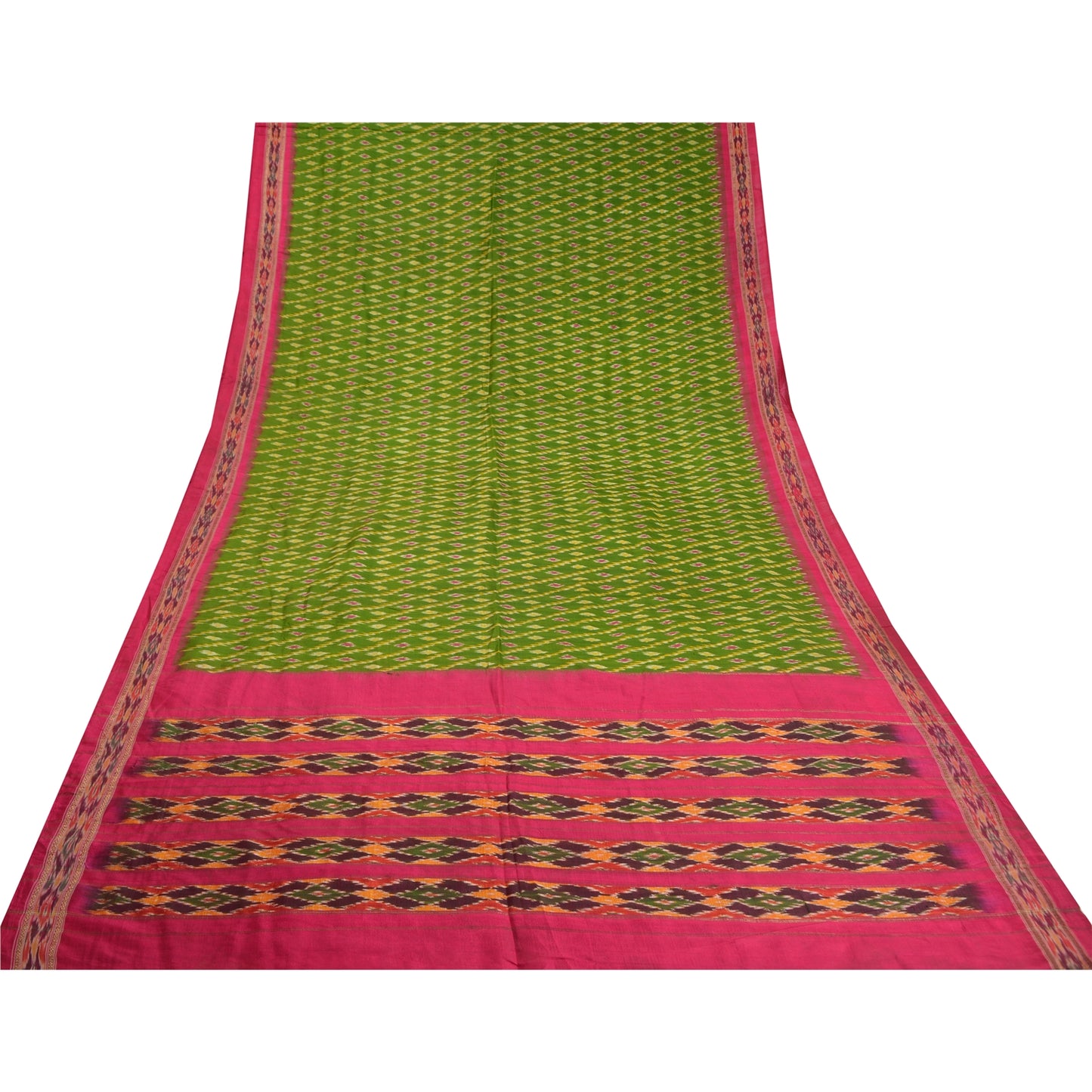 Sanskriti Vintage Sarees Green Pochampally Hand Woven Ikat Pure Silk Sari Sustainable Fabric
