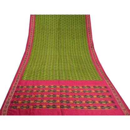Sanskriti Vintage Sarees Green Pochampally Hand Woven Ikat Pure Silk Sari Sustainable Fabric