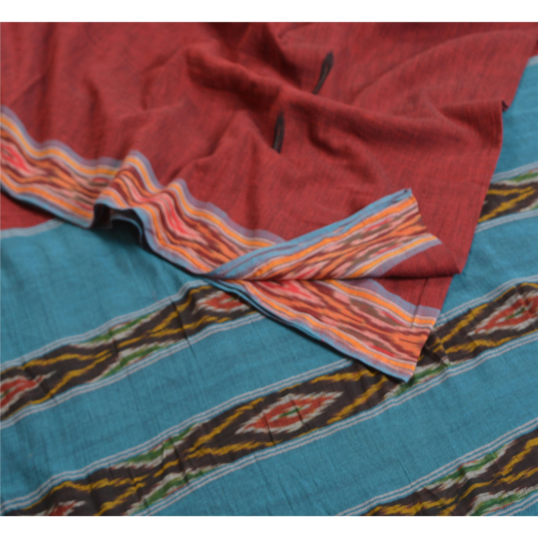 Sanskriti Vintage Sarees Red Pochampally Hand Woven Ikat Pure Cotton Sari Fabric