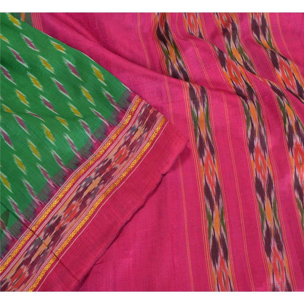 Sanskriti Vintage Sarees Green Pochampally Hand Woven Ikat Pure Silk Sari Fabric
