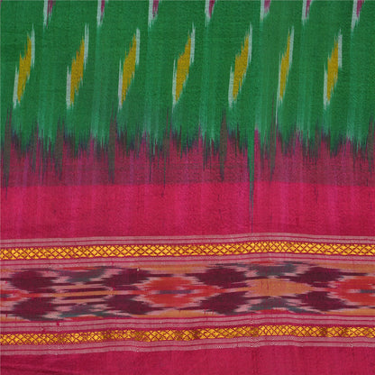 Sanskriti Vintage Sarees Green Pochampally Hand Woven Ikat Pure Silk Sari Sustainable Fabric