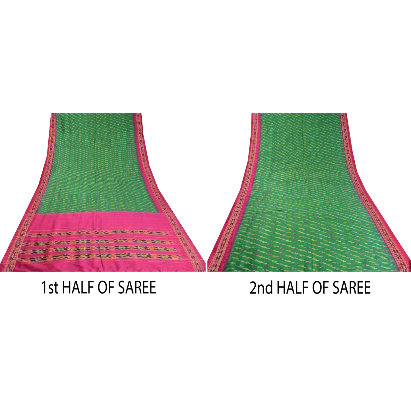 Sanskriti Vintage Sarees Green Pochampally Hand Woven Ikat Pure Silk Sari Sustainable Fabric