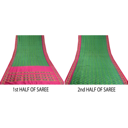 Sanskriti Vintage Sarees Green Pochampally Hand Woven Ikat Pure Silk Sari Sustainable Fabric