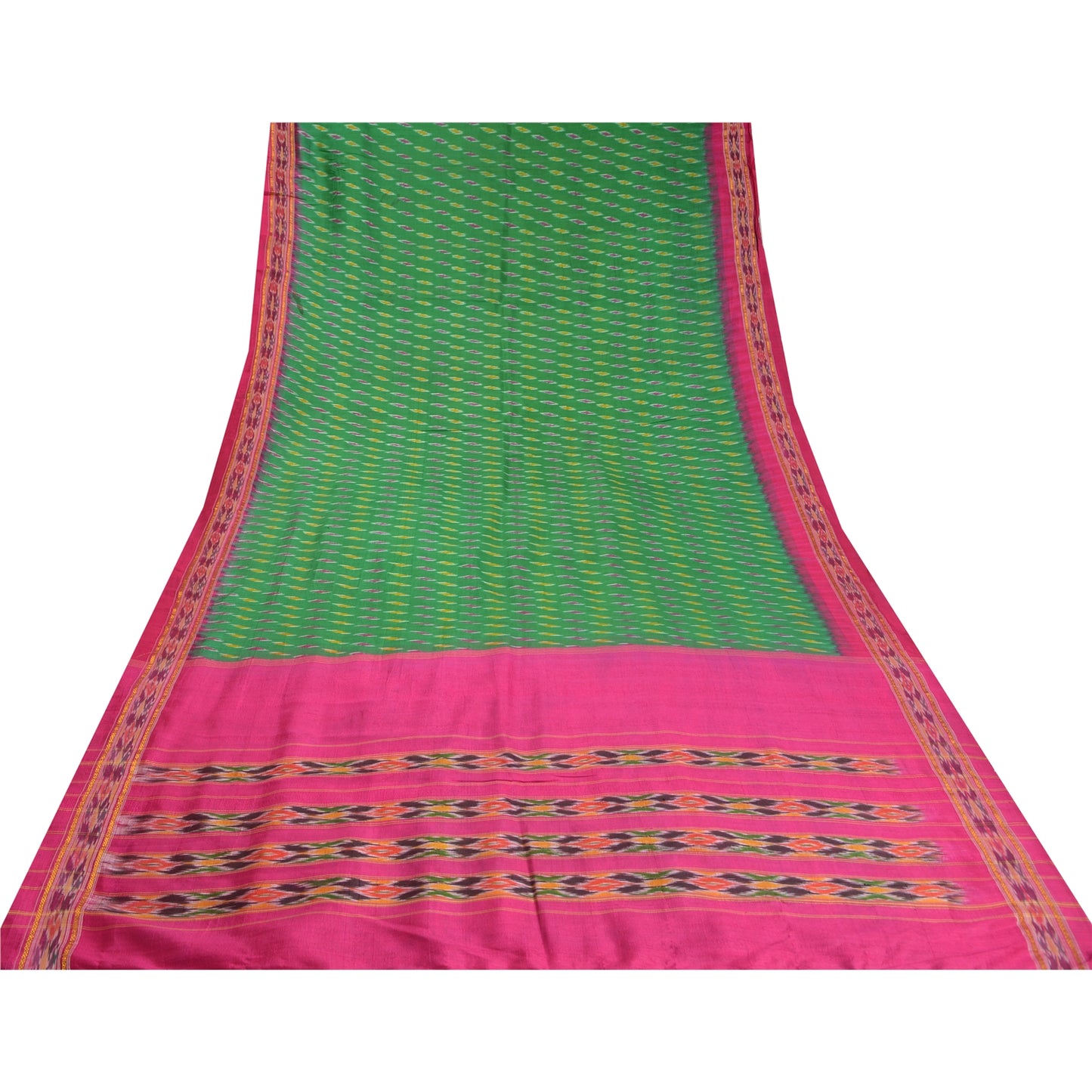 Sanskriti Vintage Sarees Green Pochampally Hand Woven Ikat Pure Silk Sari Sustainable Fabric