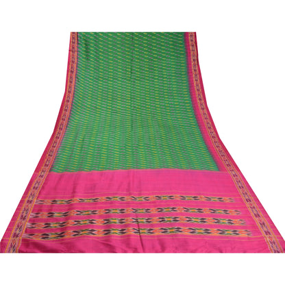 Sanskriti Vintage Sarees Green Pochampally Hand Woven Ikat Pure Silk Sari Sustainable Fabric