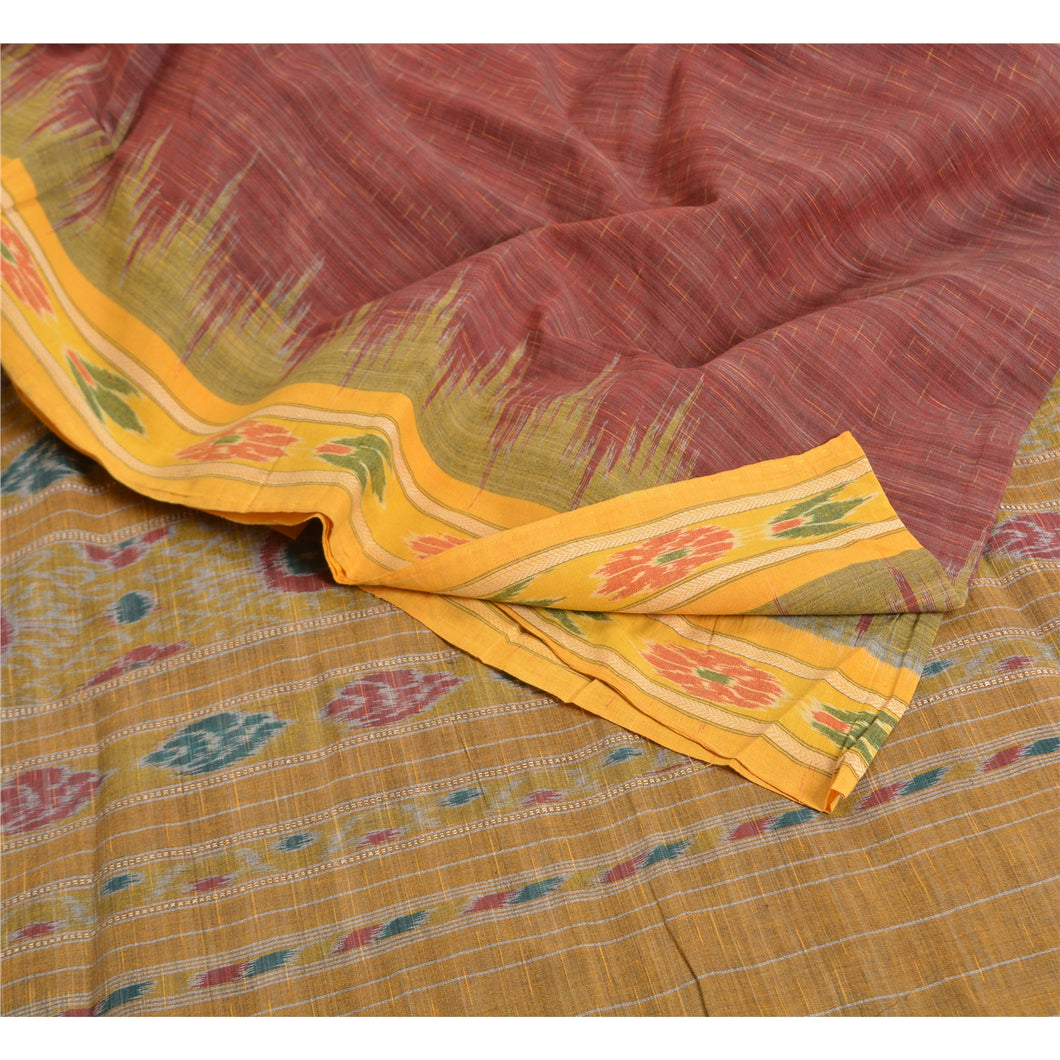 Sanskriti Vintage Saree Dark-Red Odisha Hand Woven Ikat Pure Cotton Sari Fabric