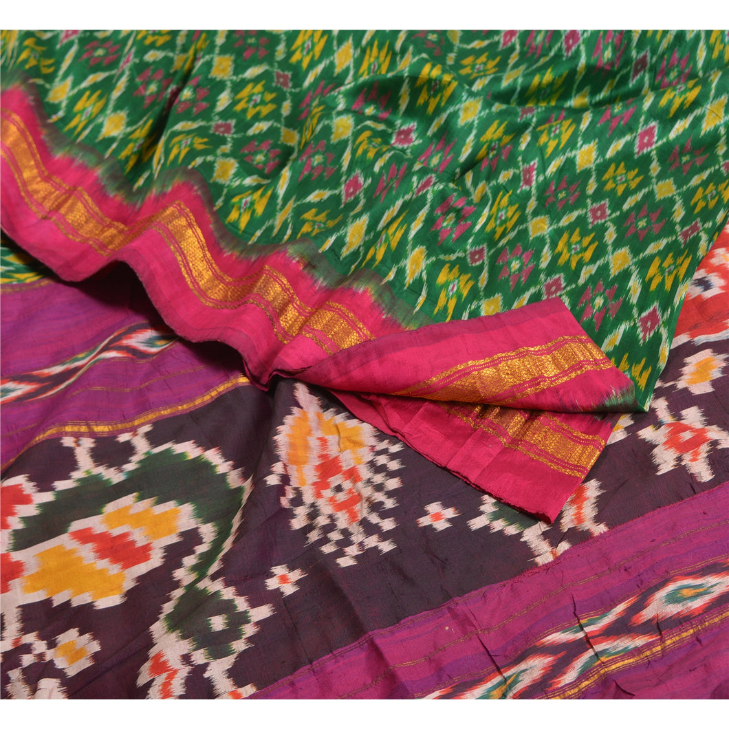 Sanskriti Vintage Saree Green Patan Patola Hand Woven Ikat Pure Silk Sari Fabric