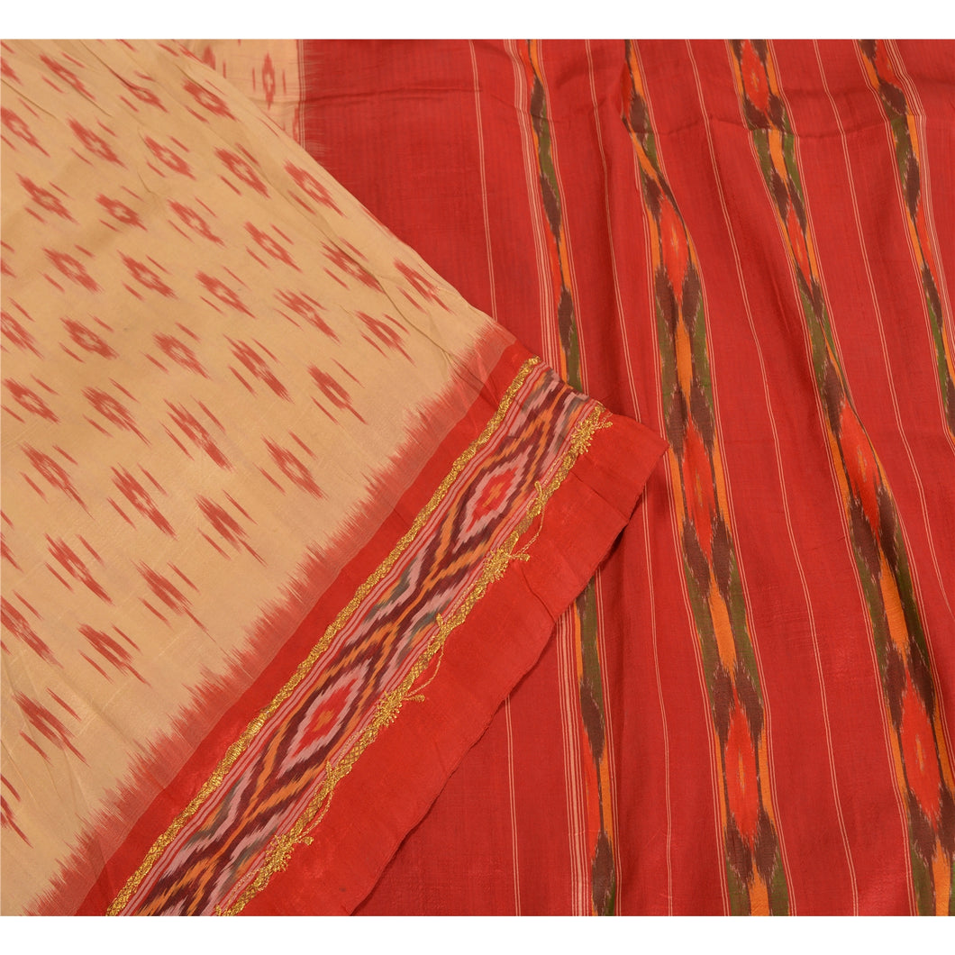 Sanskriti Vintage Sarees Cream Pochampally Hand Woven Ikat Pure Silk Sari Fabric
