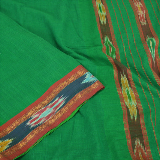 Sanskriti Vintage Sarees Green Pochampally HandWovenIkat Pure Cotton Sari Sustainable Fabric