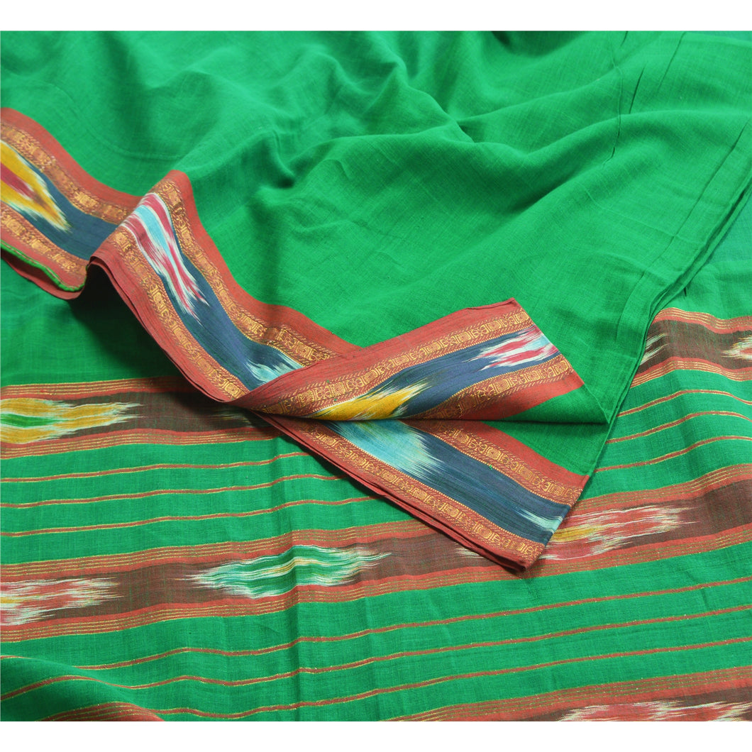 Sanskriti Vintage Sarees Green Pochampally HandWovenIkat Pure Cotton Sari Fabric