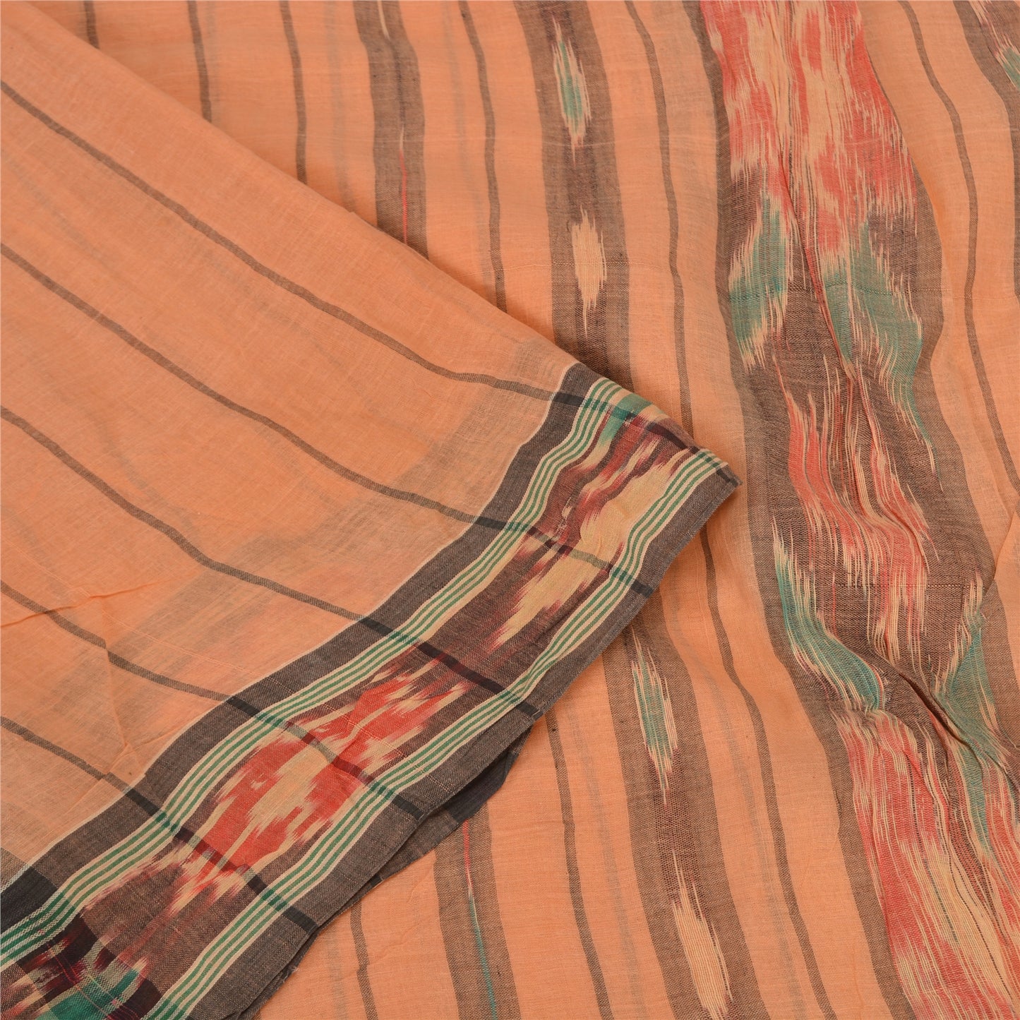 Sanskriti Vintage Sarees Peach Pochampally HandWovenIkat Pure Cotton Sari Sustainable Fabric