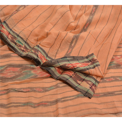 Sanskriti Vintage Sarees Peach Pochampally HandWovenIkat Pure Cotton Sari Sustainable Fabric