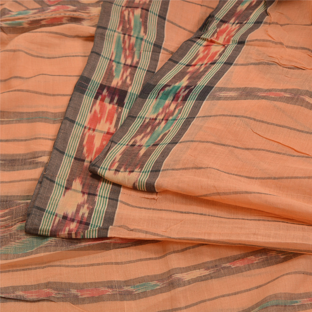 Sanskriti Vintage Sarees Peach Pochampally HandWovenIkat Pure Cotton Sari Fabric