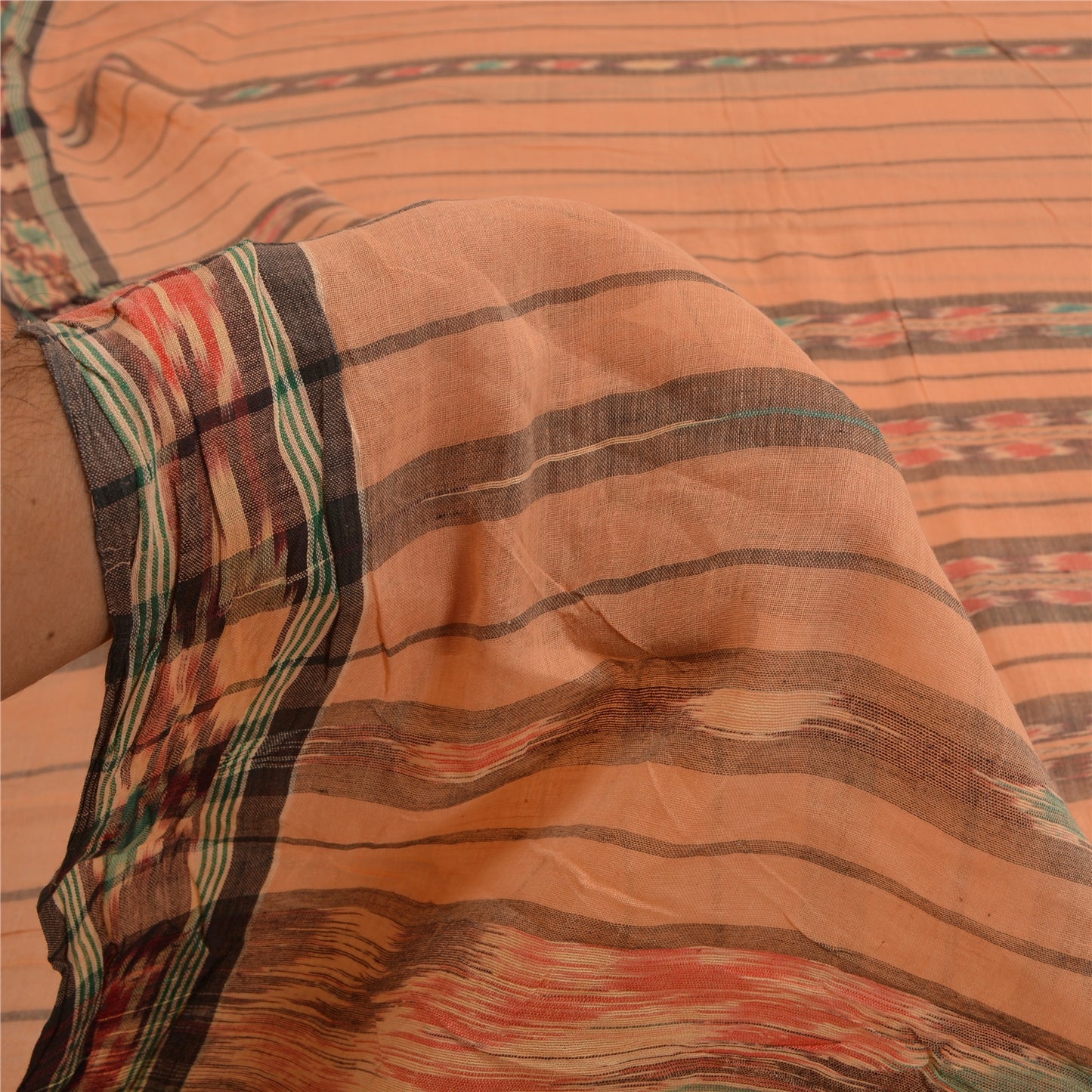 Sanskriti Vintage Sarees Peach Pochampally HandWovenIkat Pure Cotton Sari Sustainable Fabric