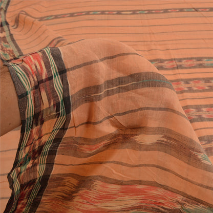 Sanskriti Vintage Sarees Peach Pochampally HandWovenIkat Pure Cotton Sari Sustainable Fabric