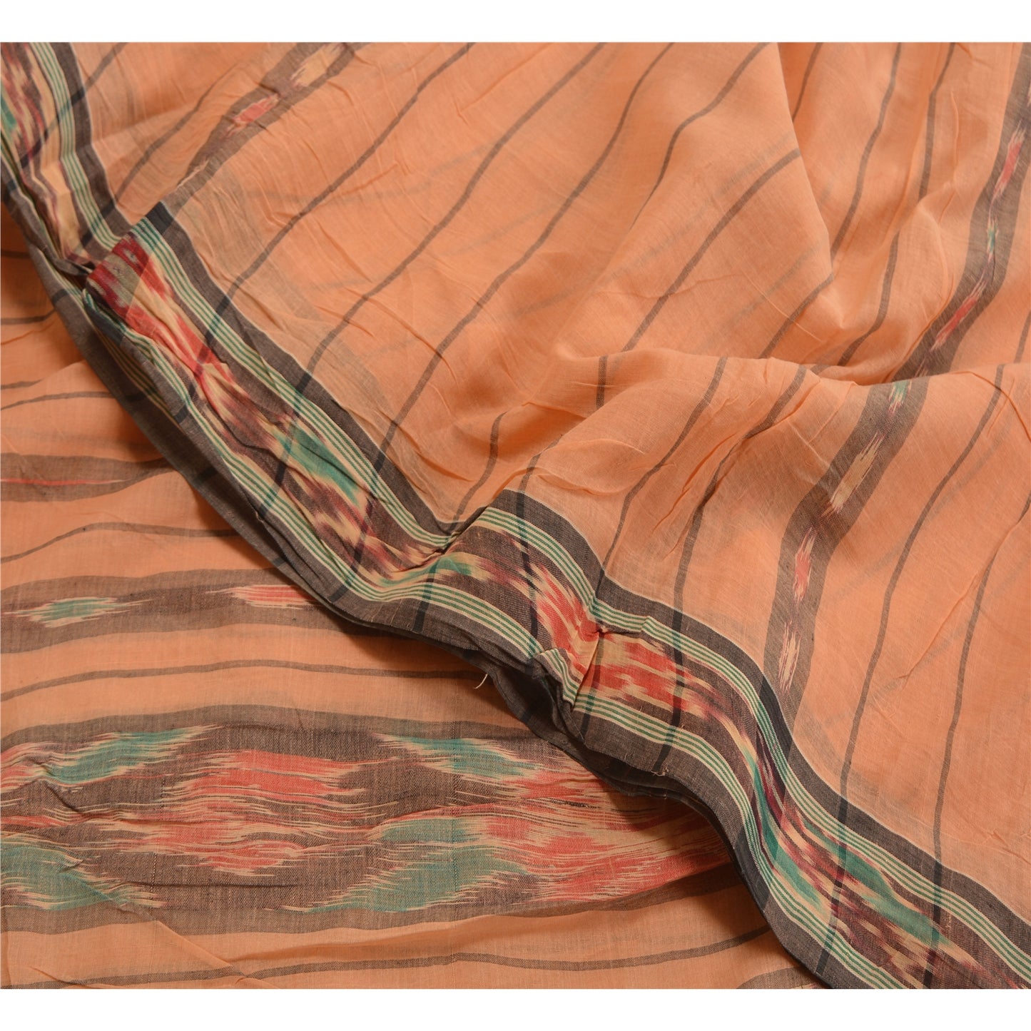Sanskriti Vintage Sarees Peach Pochampally HandWovenIkat Pure Cotton Sari Sustainable Fabric