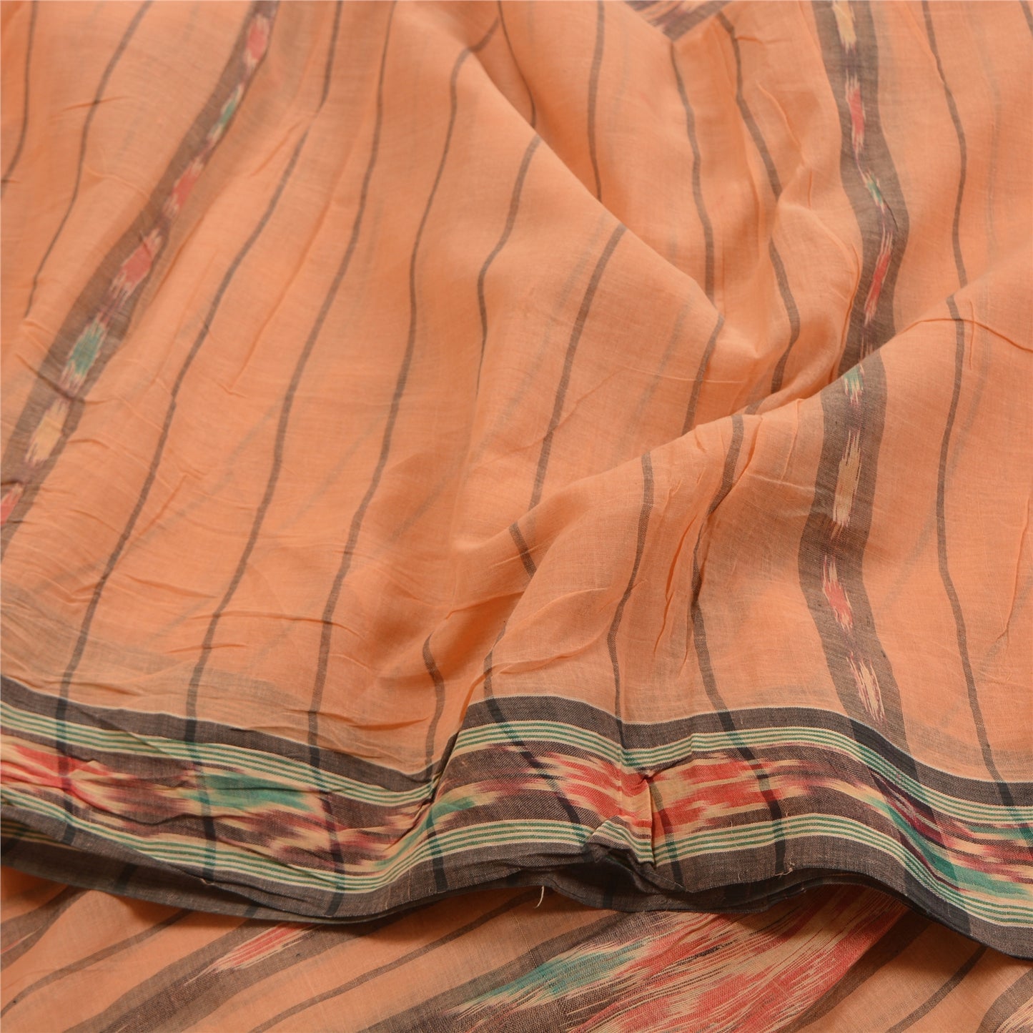 Sanskriti Vintage Sarees Peach Pochampally HandWovenIkat Pure Cotton Sari Sustainable Fabric