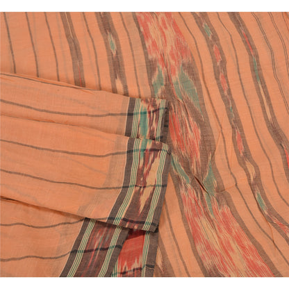 Sanskriti Vintage Sarees Peach Pochampally HandWovenIkat Pure Cotton Sari Sustainable Fabric
