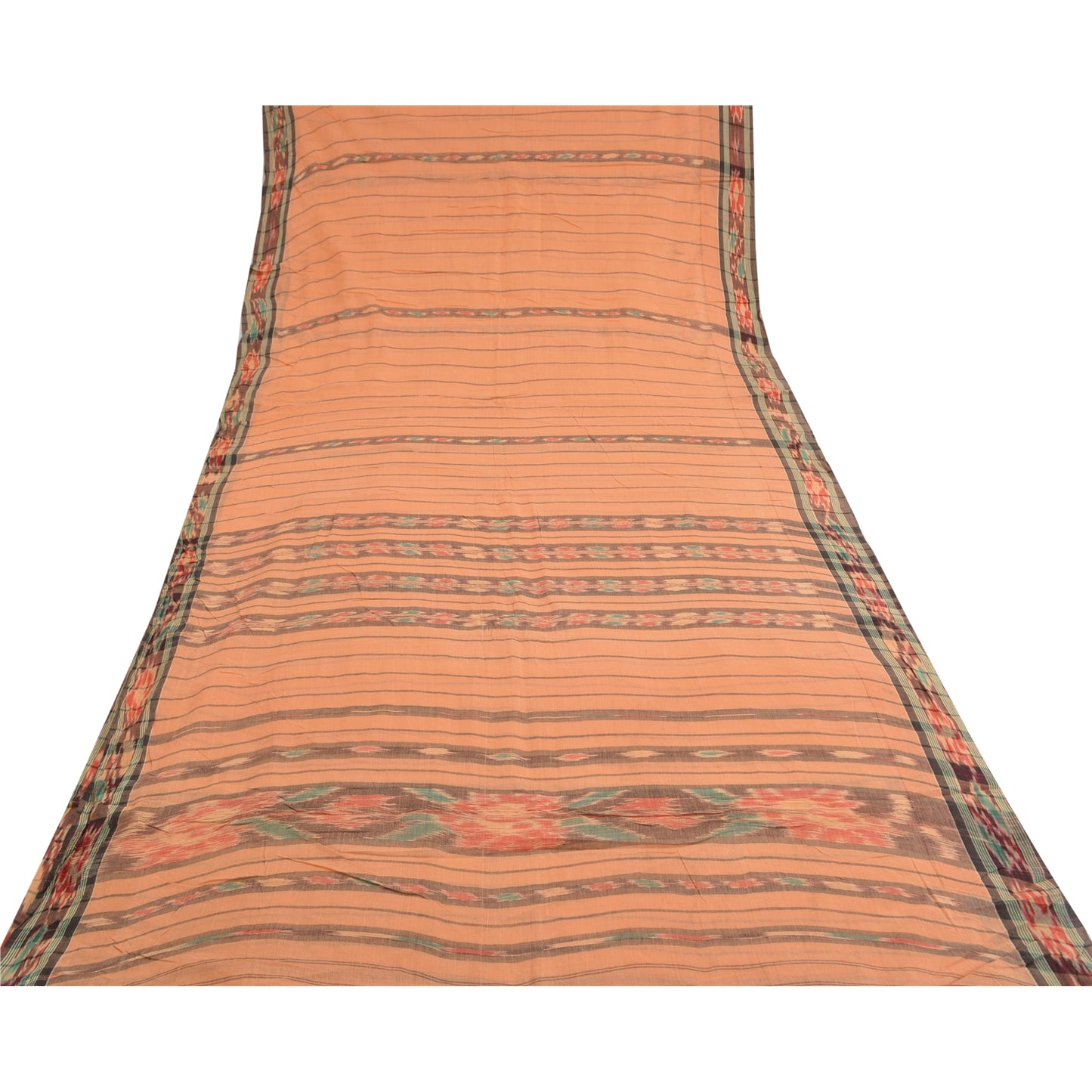 Sanskriti Vintage Sarees Peach Pochampally HandWovenIkat Pure Cotton Sari Sustainable Fabric