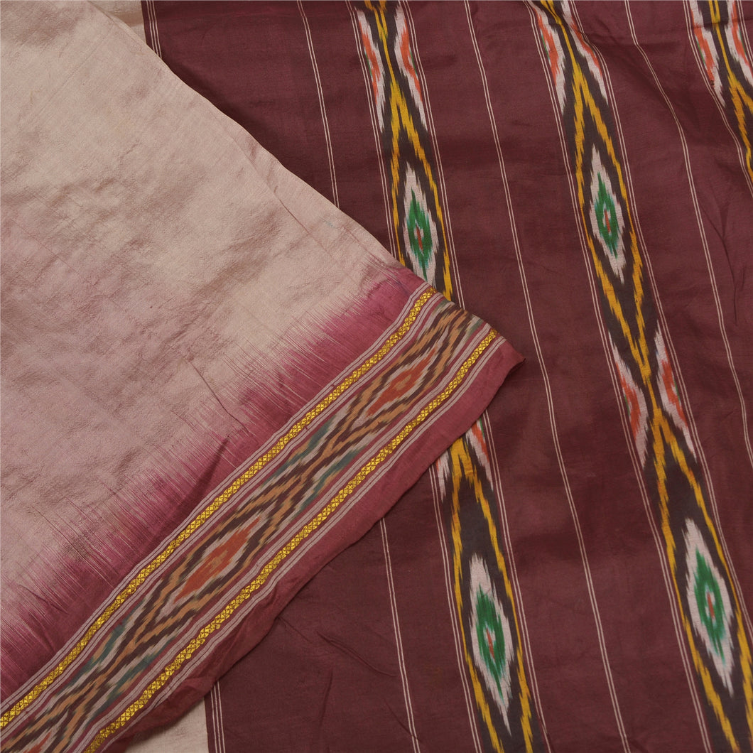 Sanskriti Vintage Sarees Pink Pochampally Hand Woven Ikat Pure Silk Sari Fabric