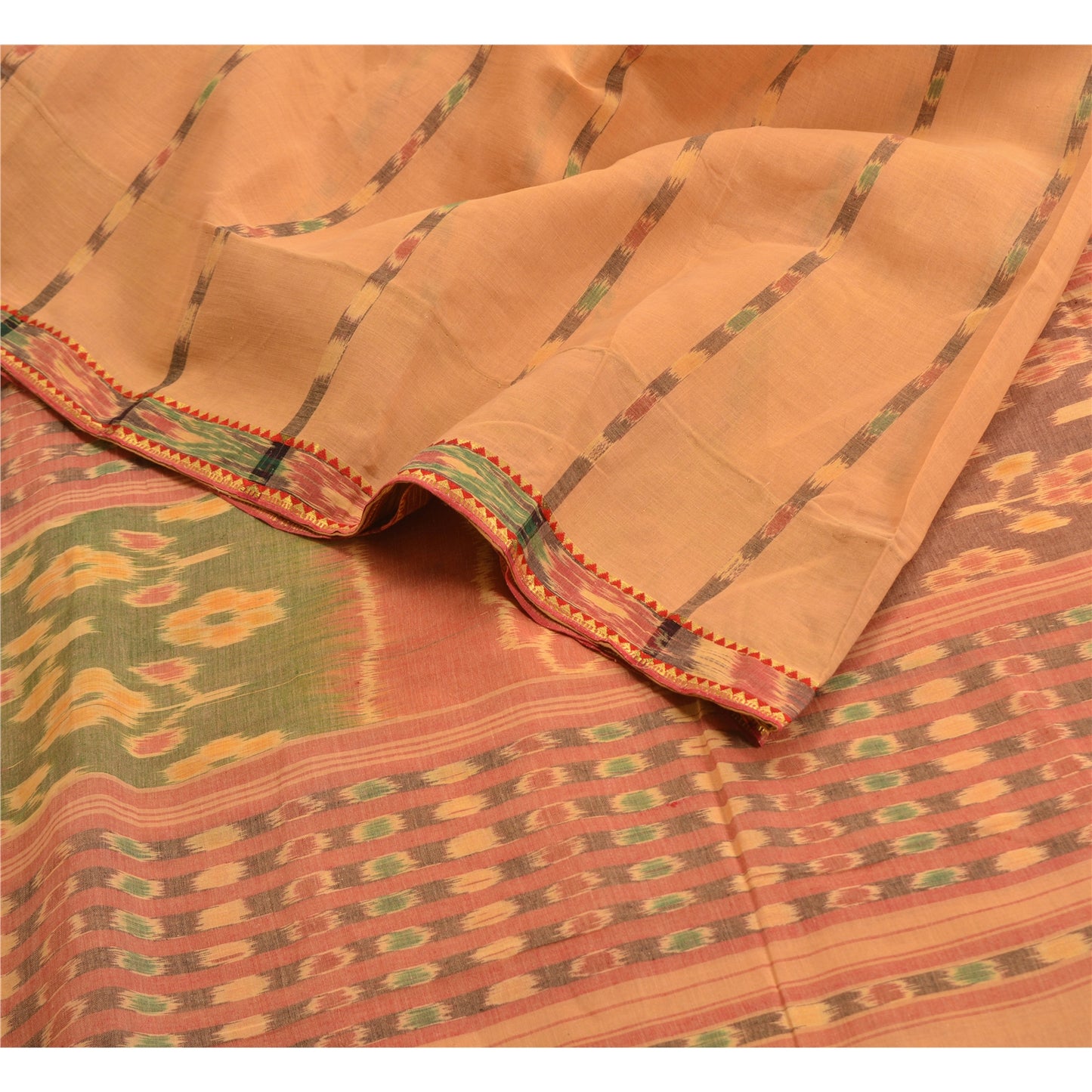 Sanskriti Vintage Saree Peach Sambhalpuri HandWoven Ikat Pure Cotton Sari Sustainable Fabric