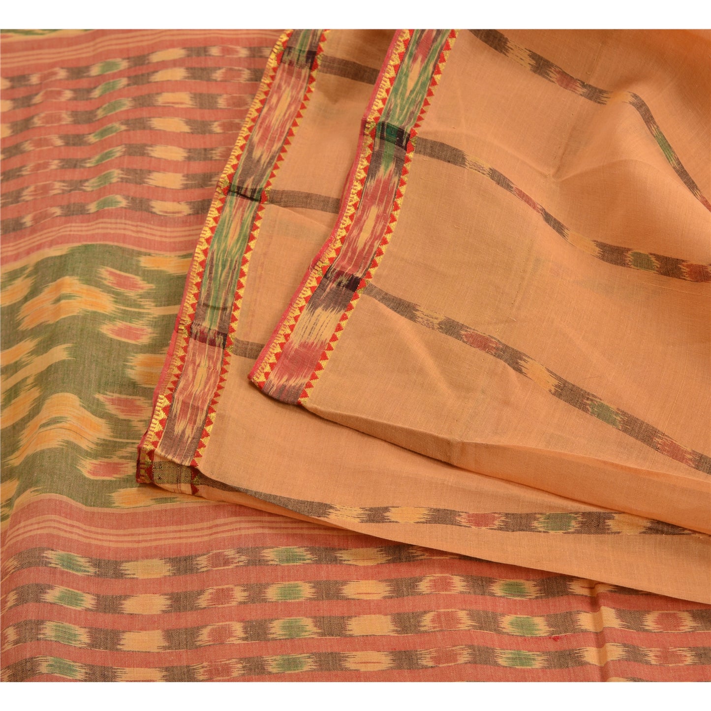 Sanskriti Vintage Saree Peach Sambhalpuri HandWoven Ikat Pure Cotton Sari Sustainable Fabric