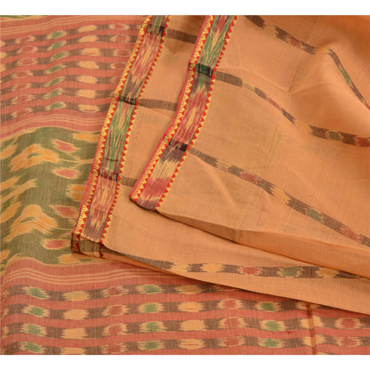 Sanskriti Vintage Saree Peach Sambhalpuri HandWoven Ikat Pure Cotton Sari Sustainable Fabric
