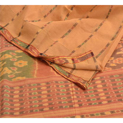 Sanskriti Vintage Saree Peach Sambhalpuri HandWoven Ikat Pure Cotton Sari Sustainable Fabric