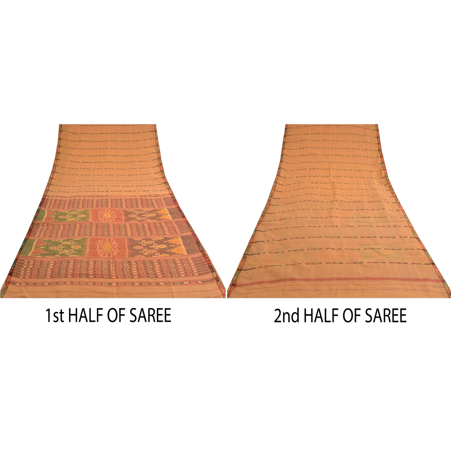 Sanskriti Vintage Saree Peach Sambhalpuri HandWoven Ikat Pure Cotton Sari Sustainable Fabric