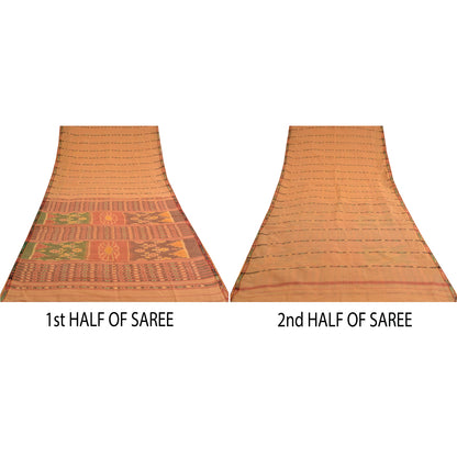Sanskriti Vintage Saree Peach Sambhalpuri HandWoven Ikat Pure Cotton Sari Sustainable Fabric