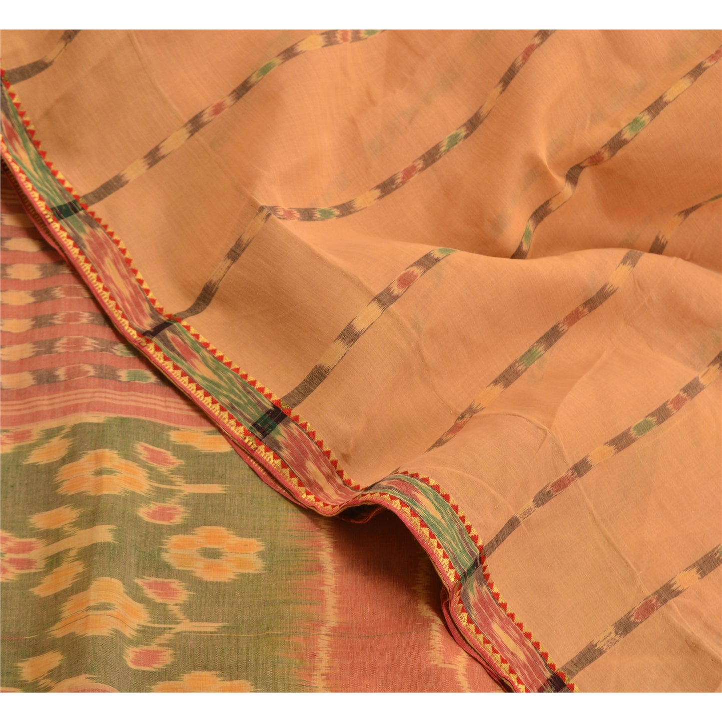 Sanskriti Vintage Saree Peach Sambhalpuri HandWoven Ikat Pure Cotton Sari Sustainable Fabric