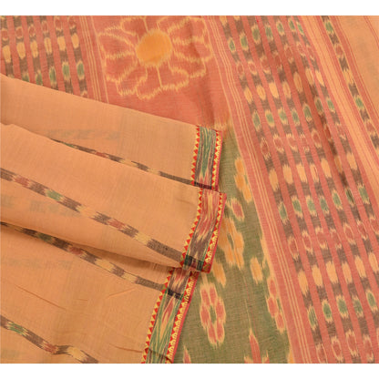 Sanskriti Vintage Saree Peach Sambhalpuri HandWoven Ikat Pure Cotton Sari Sustainable Fabric