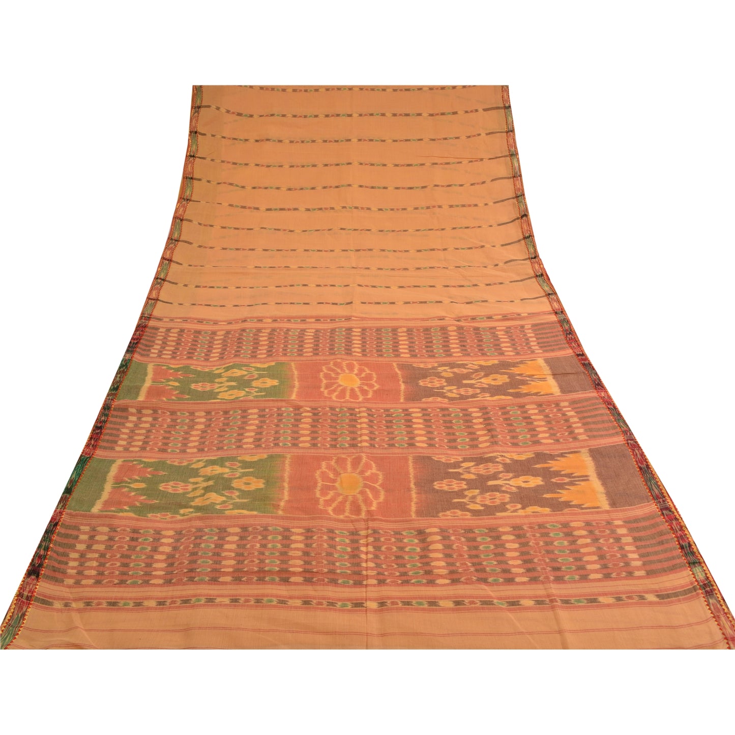 Sanskriti Vintage Saree Peach Sambhalpuri HandWoven Ikat Pure Cotton Sari Sustainable Fabric