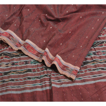 Sanskriti Vintage Saree Red Odisha Hand Woven Ikat Pure Cotton Sari 5yd Sustainable Fabric
