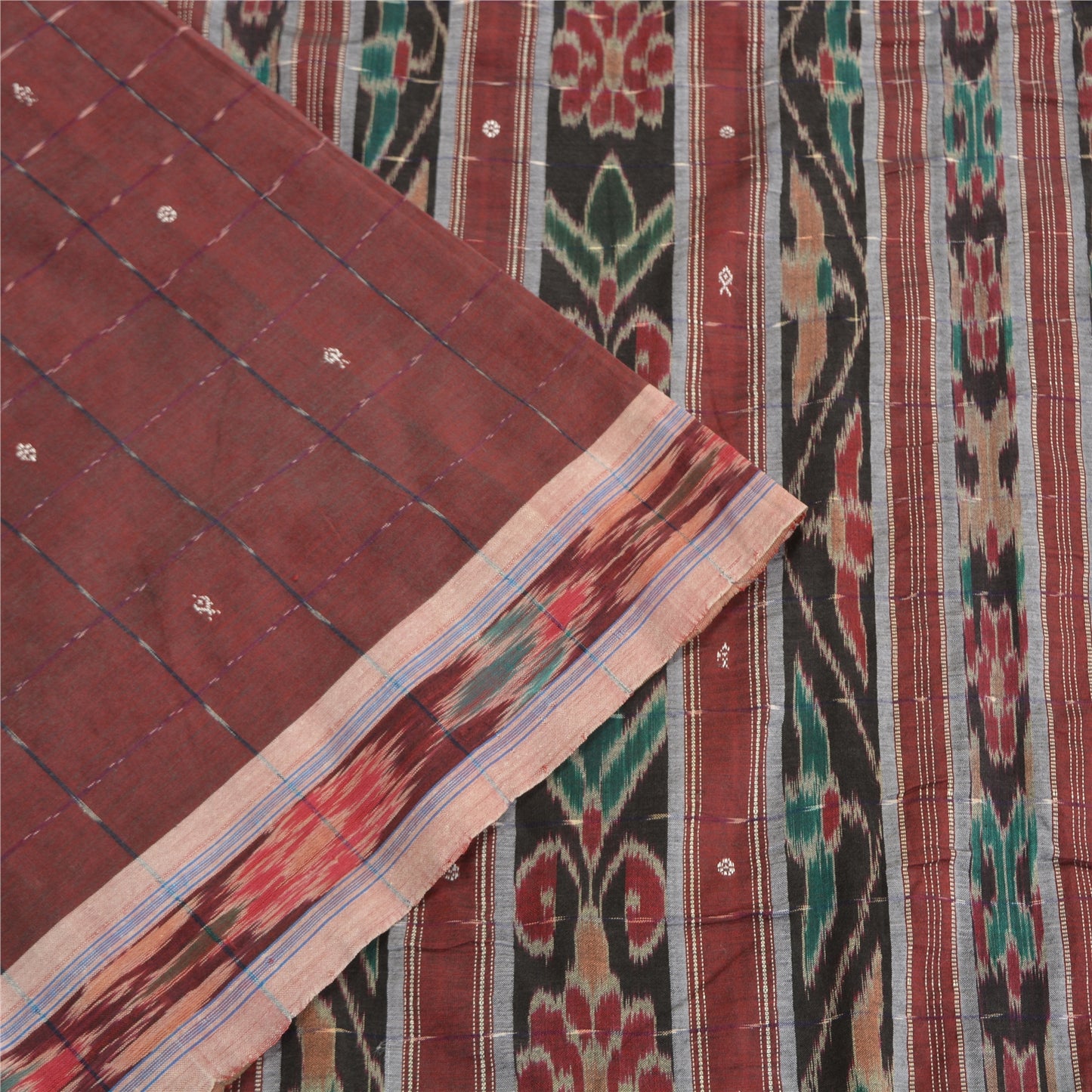 Sanskriti Vintage Saree Red Odisha Hand Woven Ikat Pure Cotton Sari 5yd Sustainable Fabric