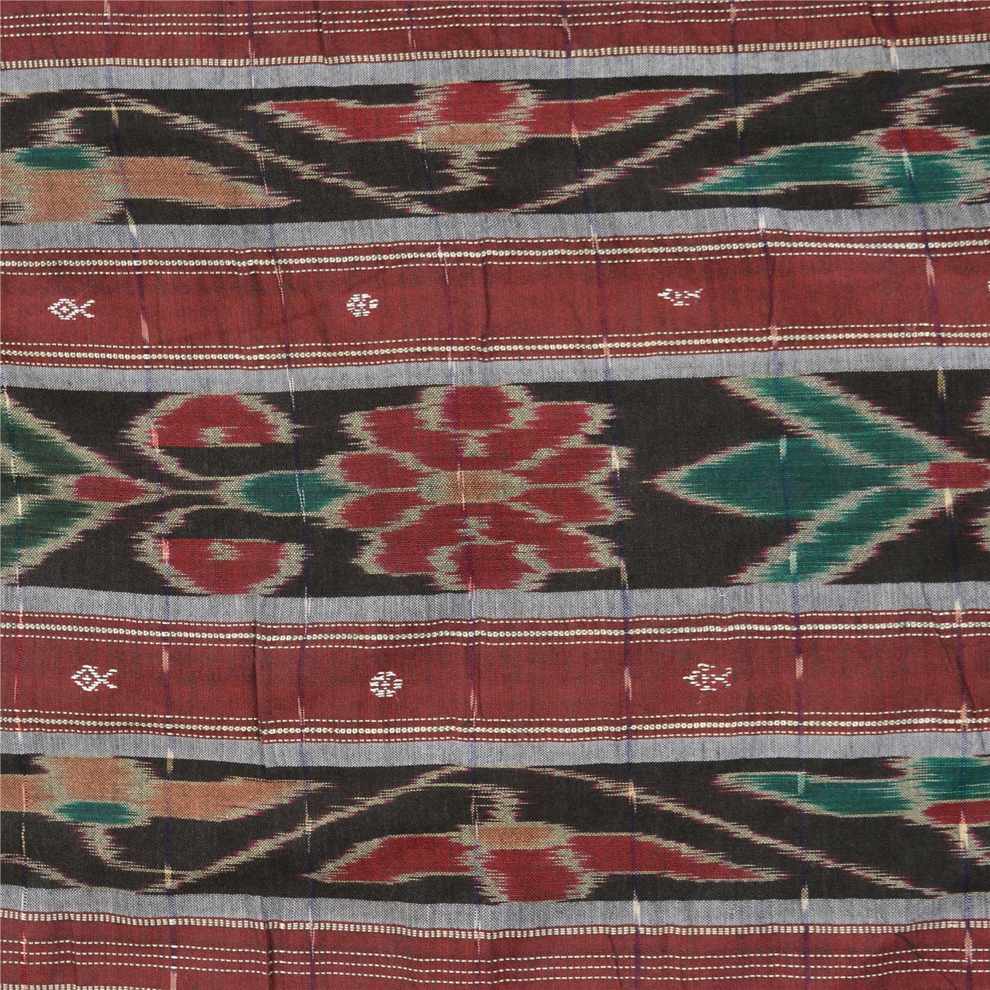 Sanskriti Vintage Saree Red Odisha Hand Woven Ikat Pure Cotton Sari 5yd Sustainable Fabric